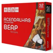 Acendalha branca de parafina da marca BEAP vendida em embalagens de 32 cubos, de cor vermelha e preta
