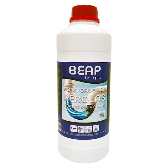 Garrafa com tampa de segurança da marca BEAP de soda cáustica em pérolas