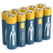 Pack de 10 pilhas azuis e amarelas alcalinas da marca Ansmann, modelo AA
