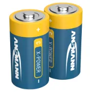 2 pilhas alcalinas azuis e amarelas da marca Ansmann modelo C X-Power