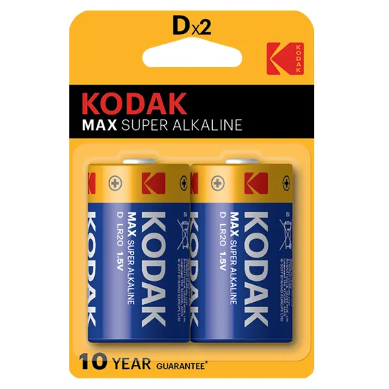 Pack de duas pilhas da marca Kodak modelo Max Alkaline LR20 D 1,5V azuis e amarelas