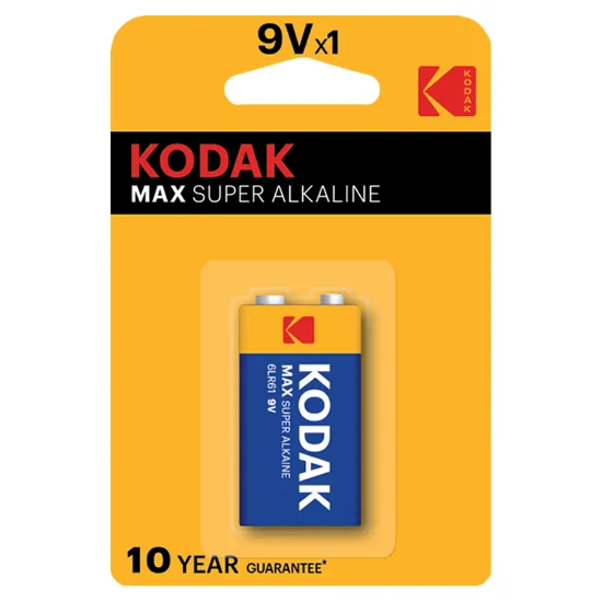 Blister de uma pilha 9V amarela e azul da marca Kodak