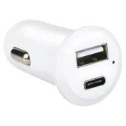 Carregador de isqueiro com duas entradas 1xUSB e 1xUSB-C Branco