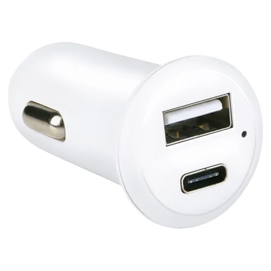 Carregador de isqueiro com duas entradas 1xUSB e 1xUSB-C Branco