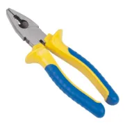 Alicate universal da marca KINZO com 150mm de comprimento azul e amarelo