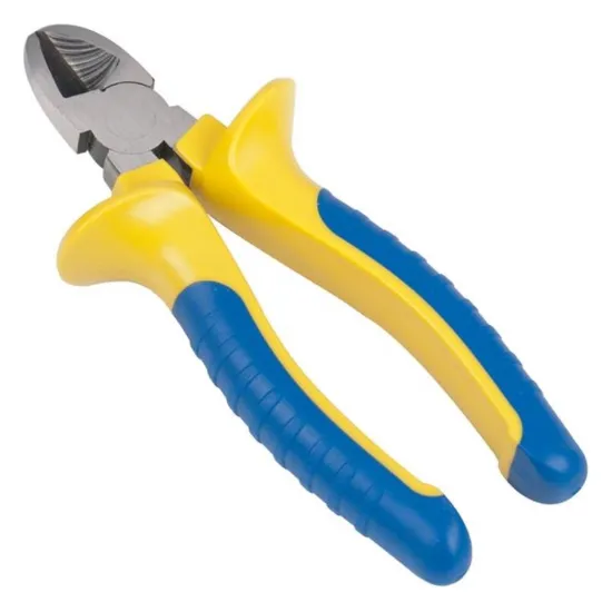 Alicate de corte azul e amarelo da marca KINZO, indicado para corte de fio e cabo elétrico em zonas de difícil acesso