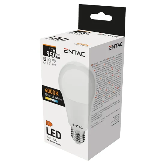 Embalamento de lâmpada led da marca Entac com 10 Watts, casquilho E27, 950 Lumens e cor 4000K.
