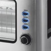 Torradeira com 6 posições de torragem e 3 botões, para cancelar, reaquecer e descongelar