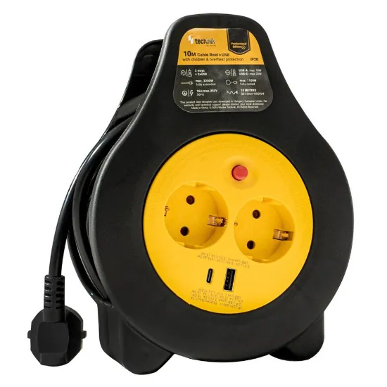 Enrolador da marca TECHNIK com 10 metros de comprimento, 2 tomadas schuko, 1 USB-A e 1 USB-C
