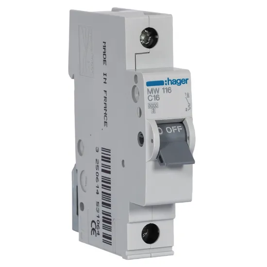 Disjuntor da marca HAGER com 1 pólo e corrente nominal de 16 amperes