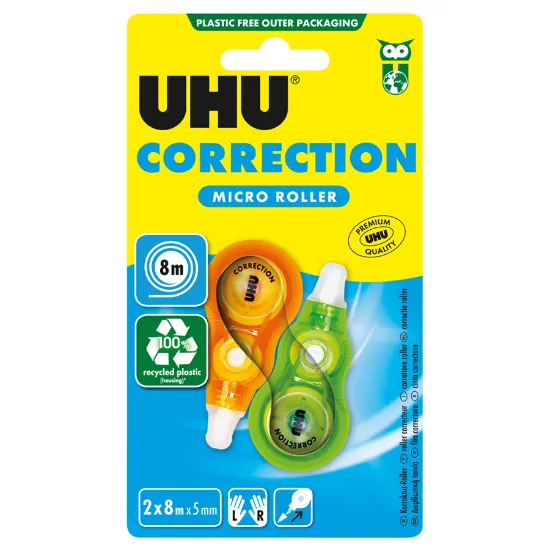 Pack de 2 fitas corretoras da marca UHU com 8 metros de comprimento cada