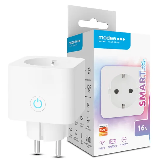 Tomada inteligente Wi-Fi Modee SPC branca de 16 amperes com medidor de consumo de energia.