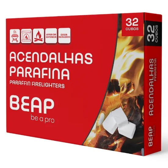 Acendalha branca de parafina da marca BEAP vendida em embalagens de 32 cubos, de cor vermelha e preta