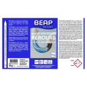 Rótulo soda cáustica BEAP em pérolas com aplicações e instruções de segurança