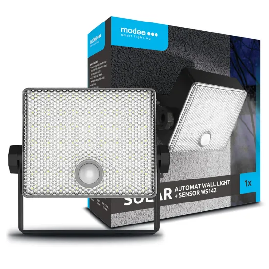 Projetor led solar MODEE e caixa de venda do artigo