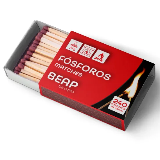 Fósforos BEAP de 60mm vendidos em caixa expositora de cartão