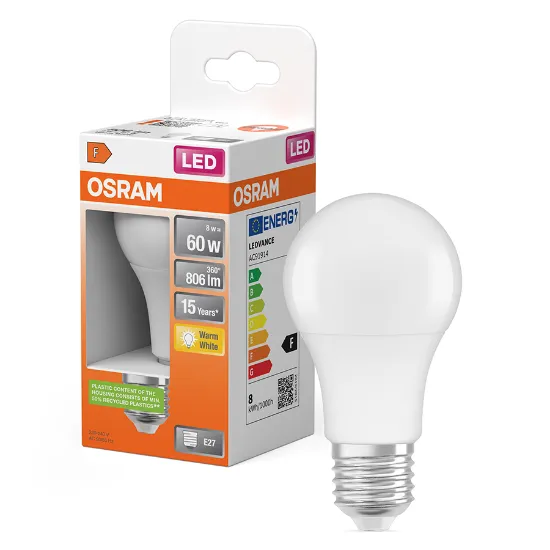 Packaging e lâmpada LED OSRAM E27 8.5W 2700K
