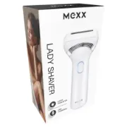 Caixa oficial da depiladora feminina MEXX com indicações de luz integrada e carregamento por USB.