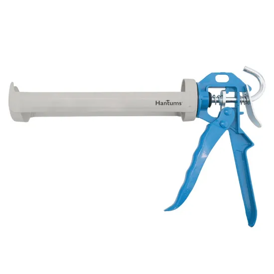 Pistola de silicone azul e cinzenta da marca HANTUMS com mecanismo de fole para cartuchos de vedante.