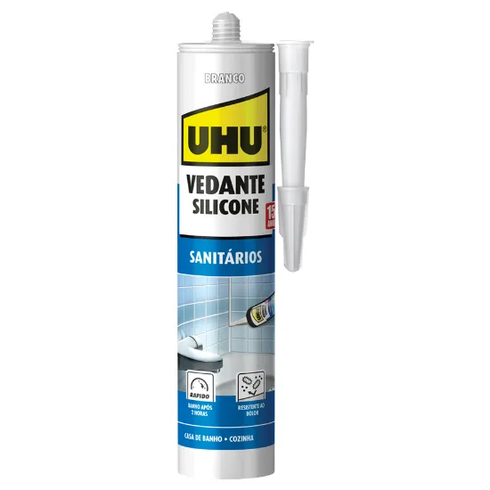Cartucho de silicone para sanitários UHU na cor branca com proteção anti-bolor.