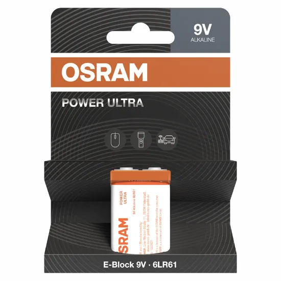 Blister de 1 pilha alcalina OSRAM Power Ultra de 9V para detetores de fumo e alarmes.