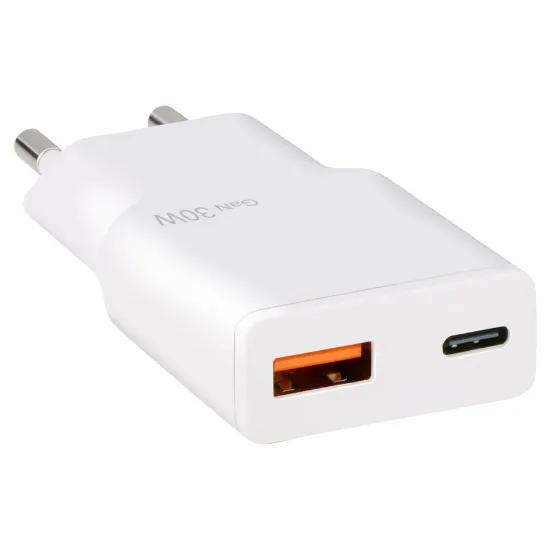 Carregador de parede duplo GRUNDIG 30W GaN com portas USB-A e USB-C