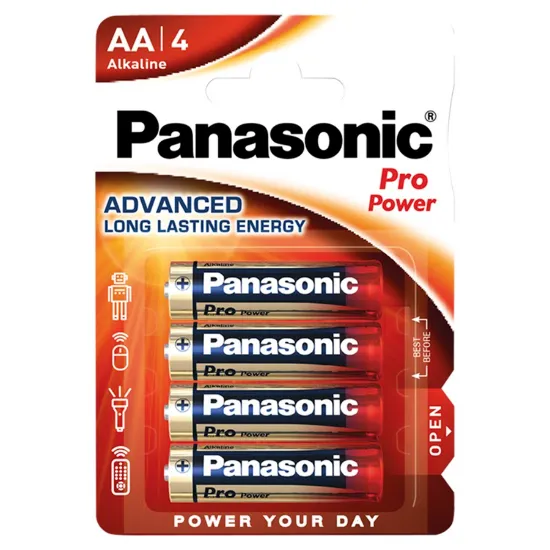 Pack de 4 pilhas alcalinas Panasonic Pro Power AA LR6 em embalagem blister.