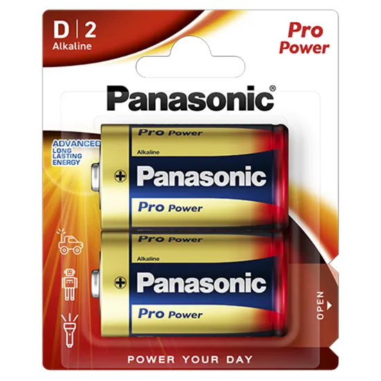 Pack de 2 pilhas alcalinas Panasonic Pro Power D LR20 em embalagem blister.