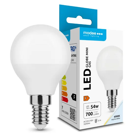 Lâmpada LED esférica MODEE G45 Mini 7W com casquilho E14 e luz branca fria de 6000K.