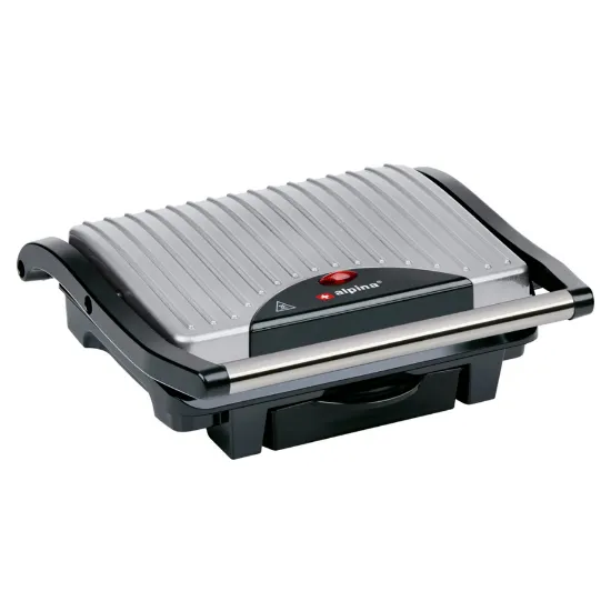 Sanduicheira ALPINA preta e cinzenta com placas antiaderentes para preparação de tostas.