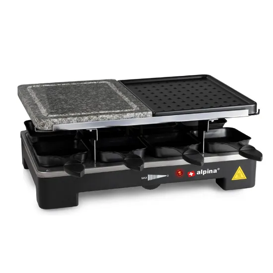 Raclette e grelhador elétrico de pedra ALPINA 1400W com 8 frigideiras antiaderentes.