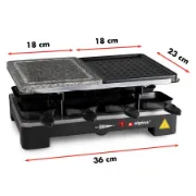 Dimensões do grelhador raclette e das zonas de pedra e grelha metálica