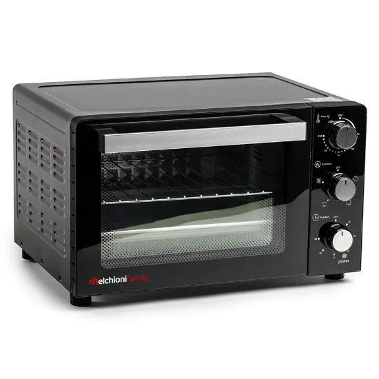Mini forno elétrico ventilado MELCHIONI FAMILY Devil 23 de cor preta com duplo vidro e painel de controlo.