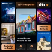 Sistema de Dolby Audio, wifi integrado, redução do ruído, partilha de dispositivos móveis com a smart tv